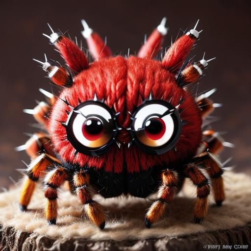 Cute Knitted Red Spider with Mohawk, High-Resolution Art