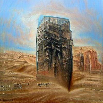 Desert Monolith: Dystopian Sci-Fi Oil Painting