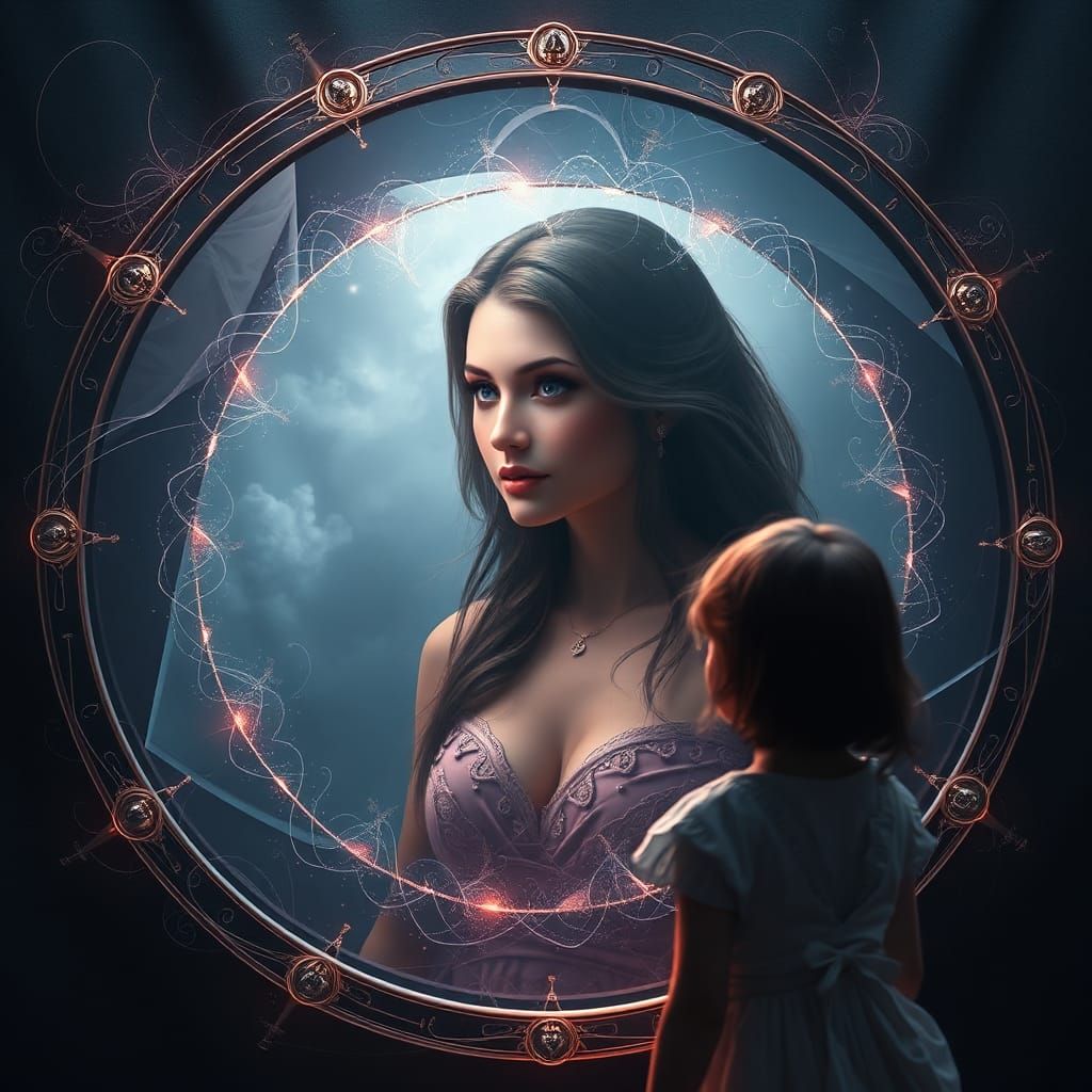 Girl Gazing into a Magic Mirror in Detailed Matte Painting