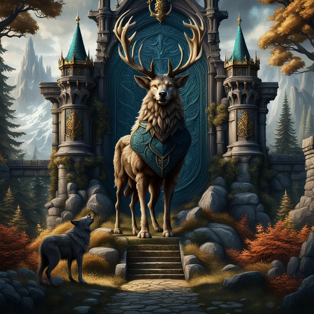 Heraldic Stag and Wolf in Detailed Matte Painting
