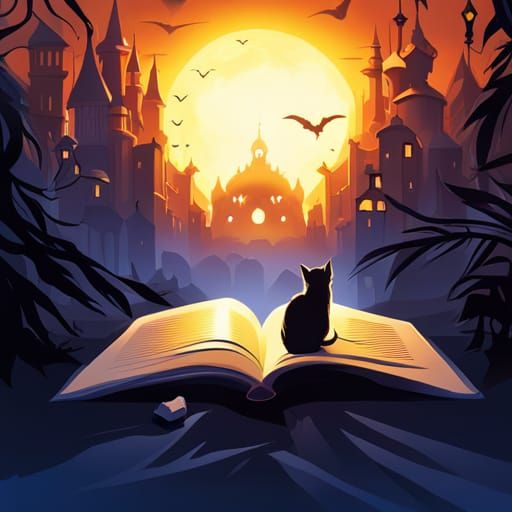 Cats Emerge from Fairy Tale Book at Sunset