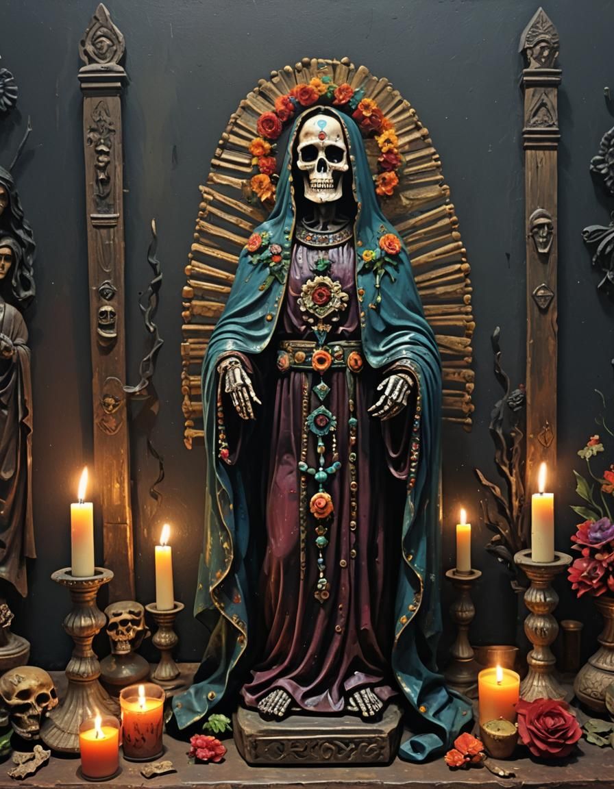Moody, Dark Folk Art Santa Muerte Statue in Vintage Mexican...