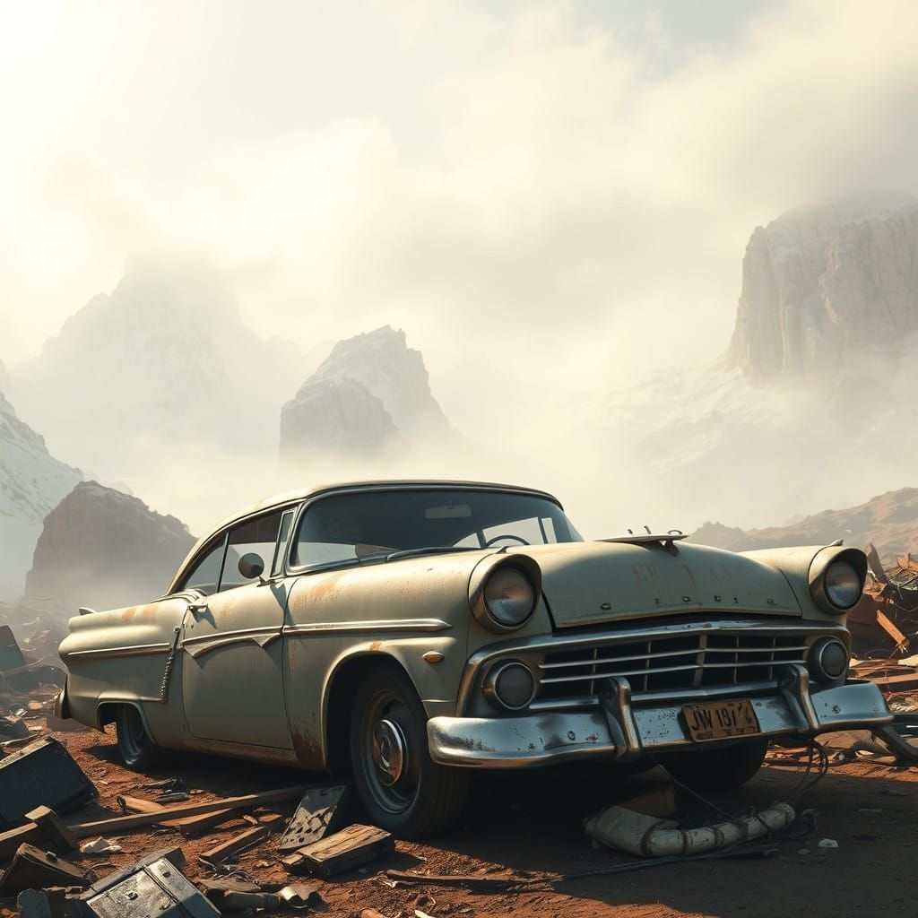 Vintage Lowrider Hotrod Amidst Serene Landscape