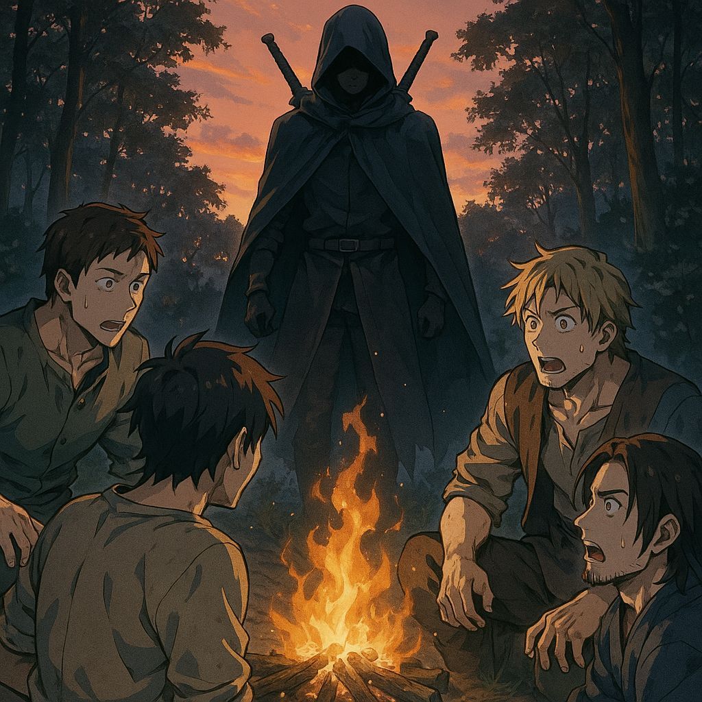 Men Gather Around a Sunset Fire, Witnessing a Hooded Warrior...