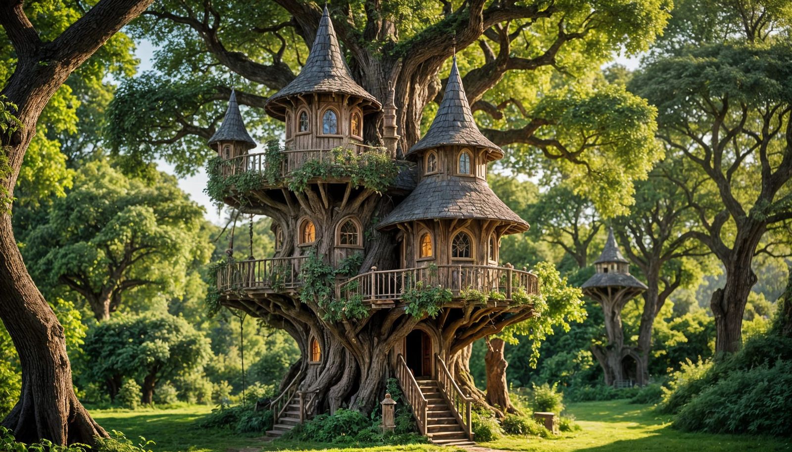 Whimsical Elven Treehouse Amidst an Enchanted Forest