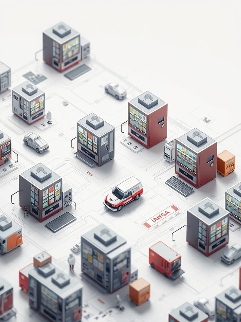Isometric Vending Machine Network in Retro-Futuristic Style