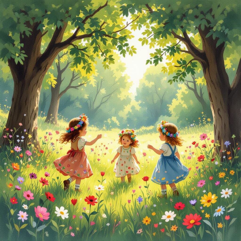 Children with Flower Crowns Play in Sunlit Meadow