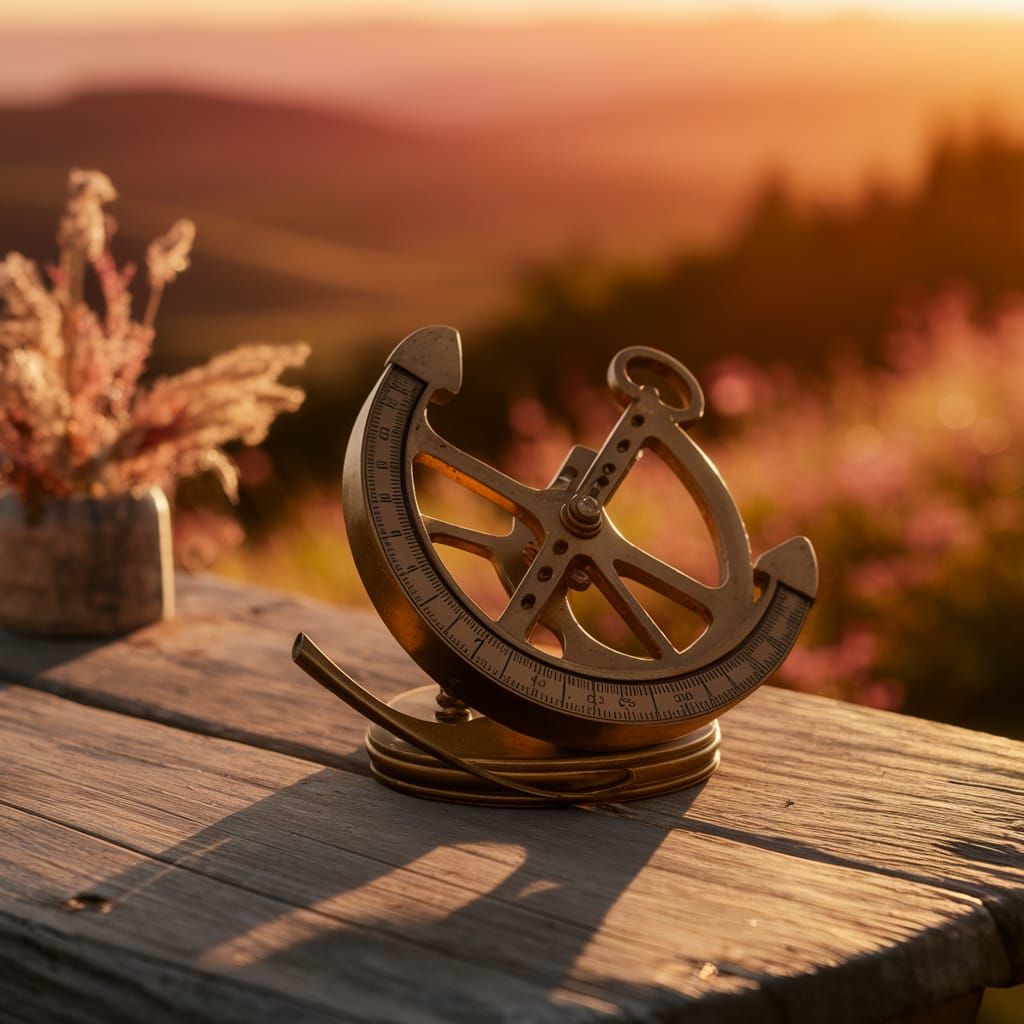 Antique Sextant on Weathered Table at Sunset