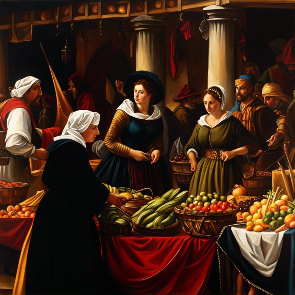 A medieval market: Stall seller and a noble woman with maid