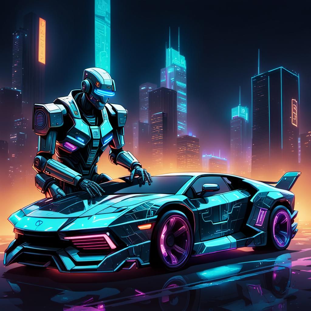 Robot Repairing Car in Cyberpunk Sci-Fi City