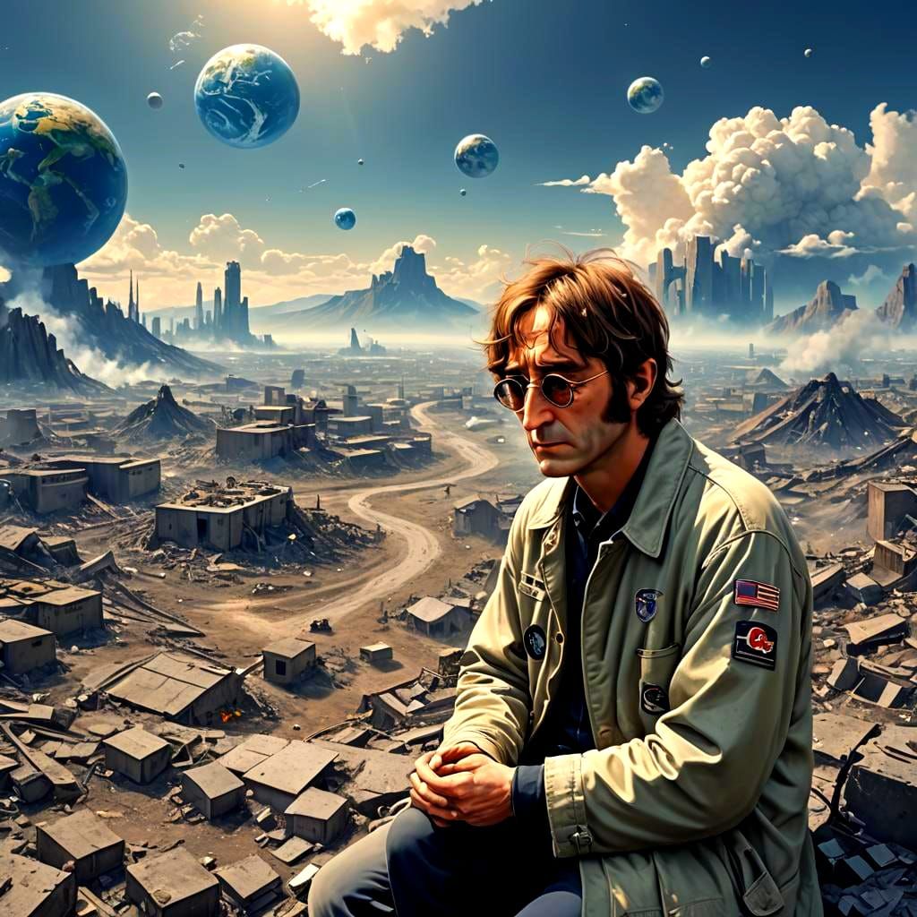 Sad John Lennon Watches Deteriorating Earth: 3D Anime Art