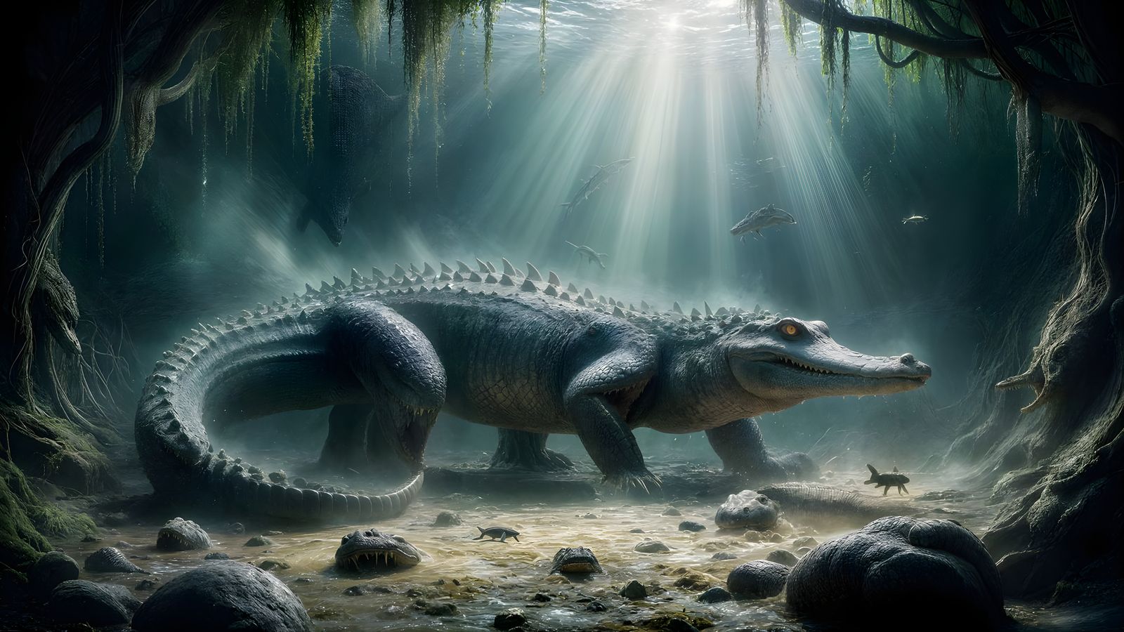 Ancient Crocodile Glides Through Ethereal Riverbed