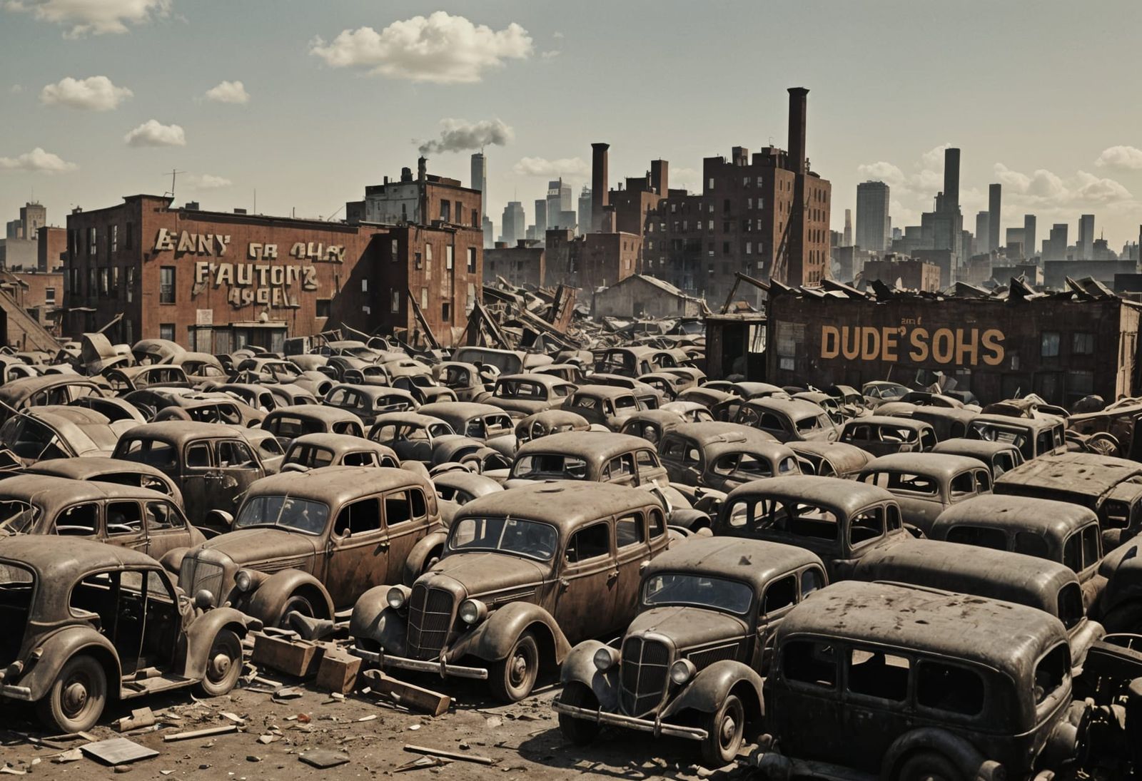 NYC Auto Wrecking Yard in 1935 as Colorized Photo