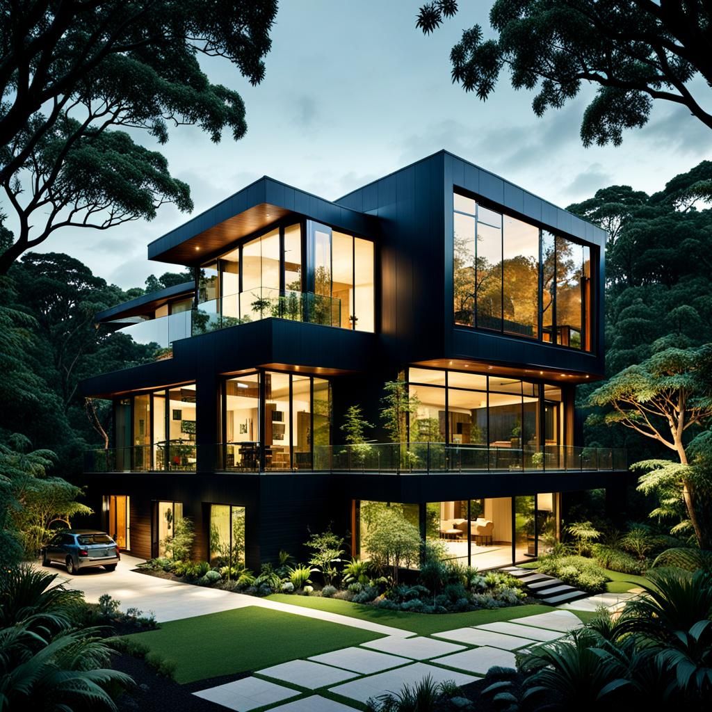 Modern House Surrounded by Lush Vegetation in Comic Book Sty...