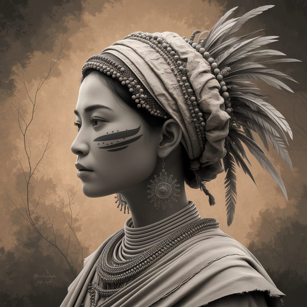 Tribal Woman Portrait in 3D Render with Ink Details