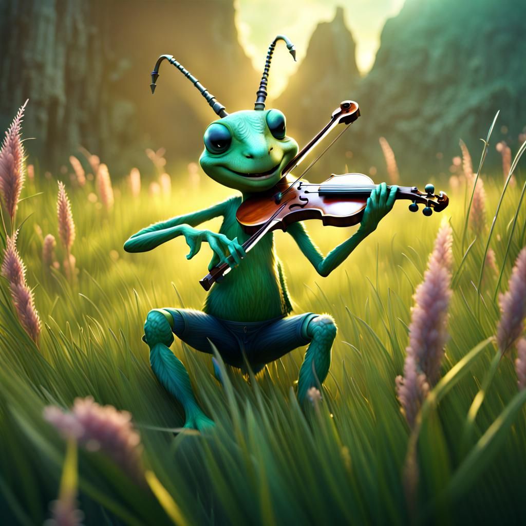 Grasshopper's Violin Serenade: A Detailed Matte Painting