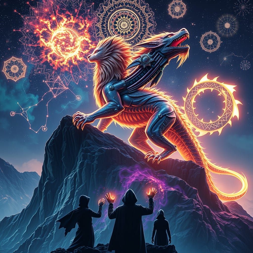 Cyberpunk Dragon Lion Serpent Unleashes Thunderous Roar Amid...