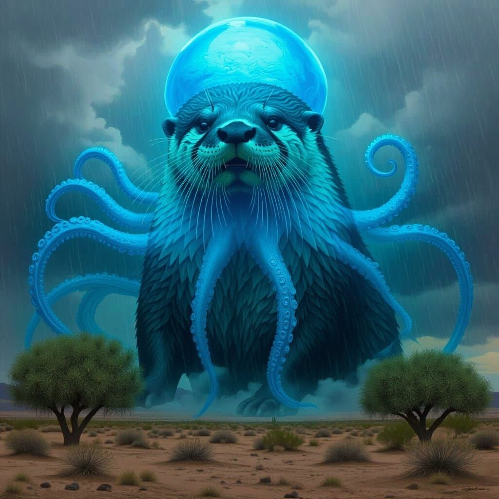 Enormous Blue Octopus Behind an Otter