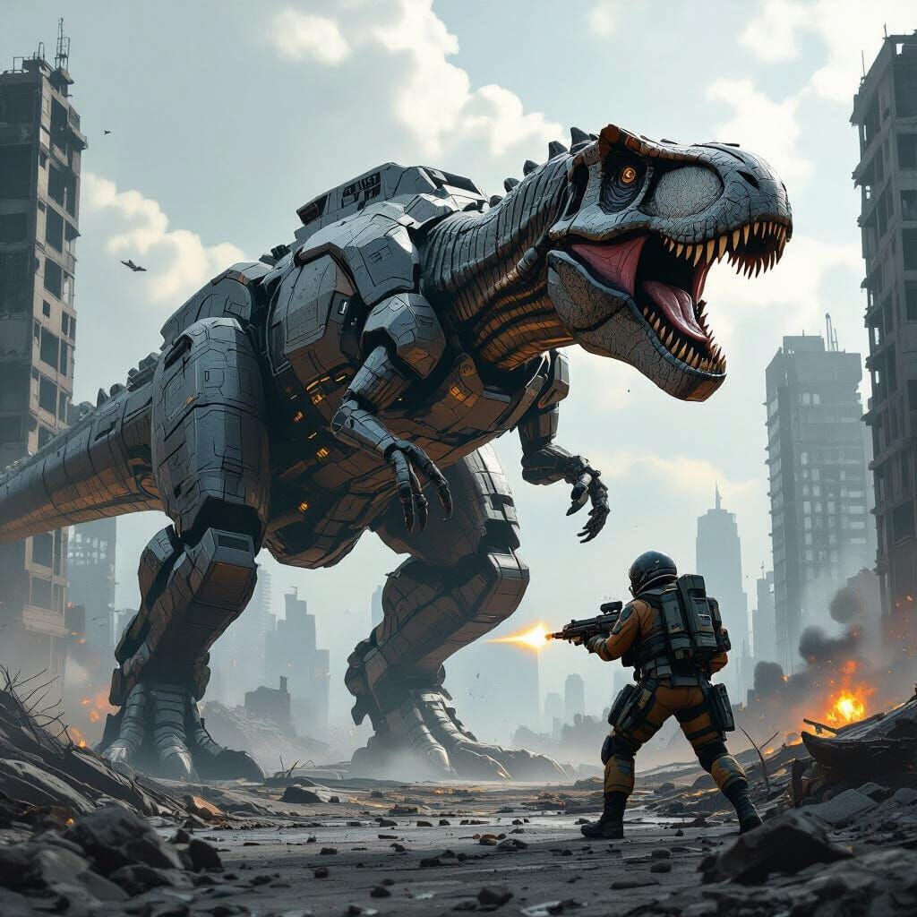 Mech Pilot Battles T-Rex in Ravaged Cityscape