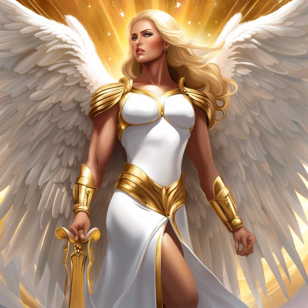 Angel Warrior Cradling Woman: Cosmic Galactic Scene