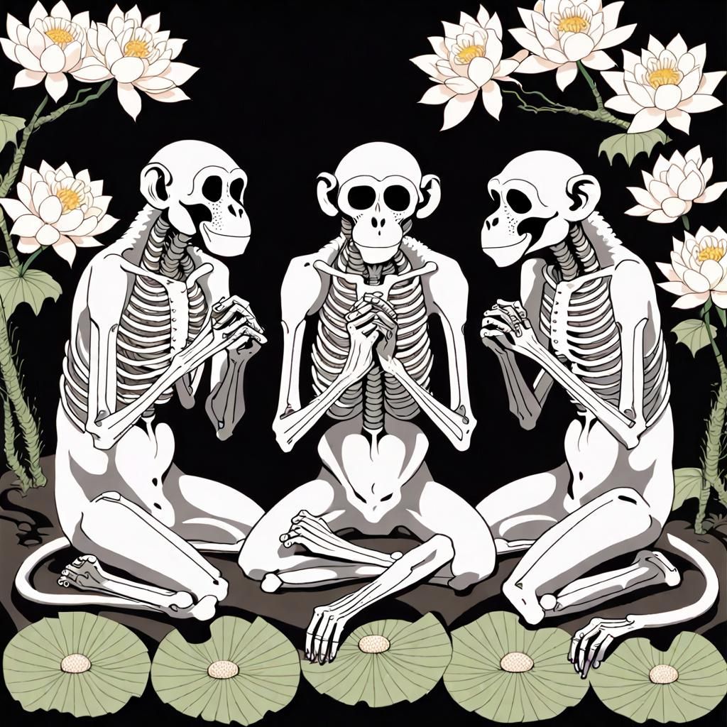 Hyperrealistic Monkey Skeletons with Lotus Blossoms