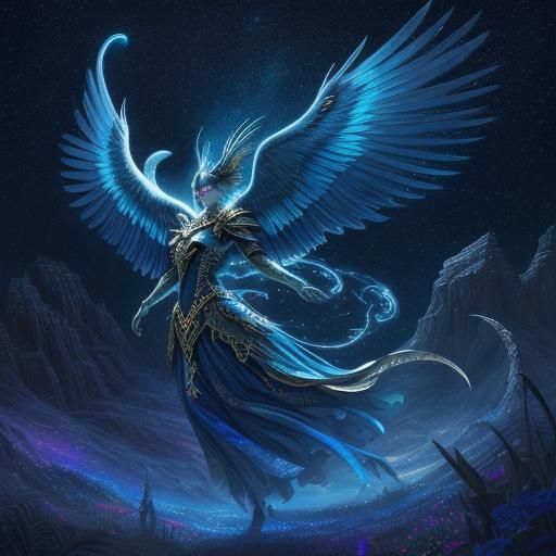 Blue Phoenix Soaring in Starry Night, Oil Painting