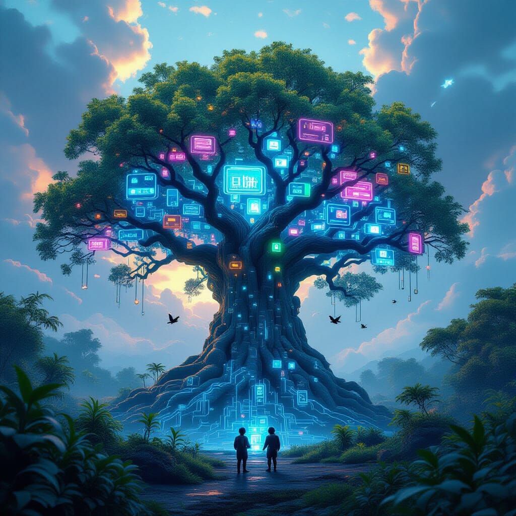 Futuristic Ancient Tree with Digital Leaves and Robot Birds
