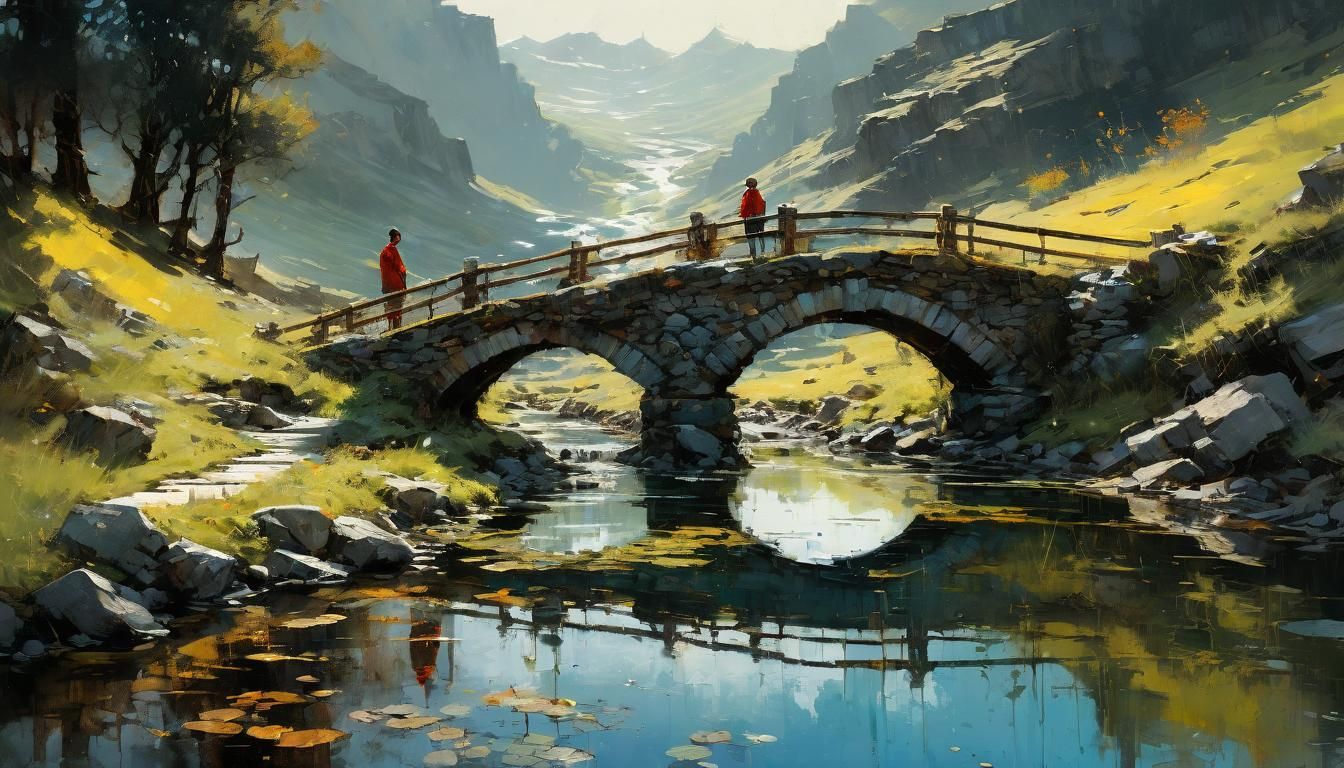 Picturesque Stone Bridge Painting with Mountain Backdrop