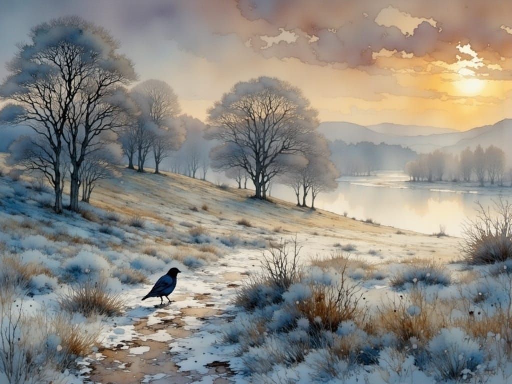 Ardea Bird in Frosty Watercolor Landscape