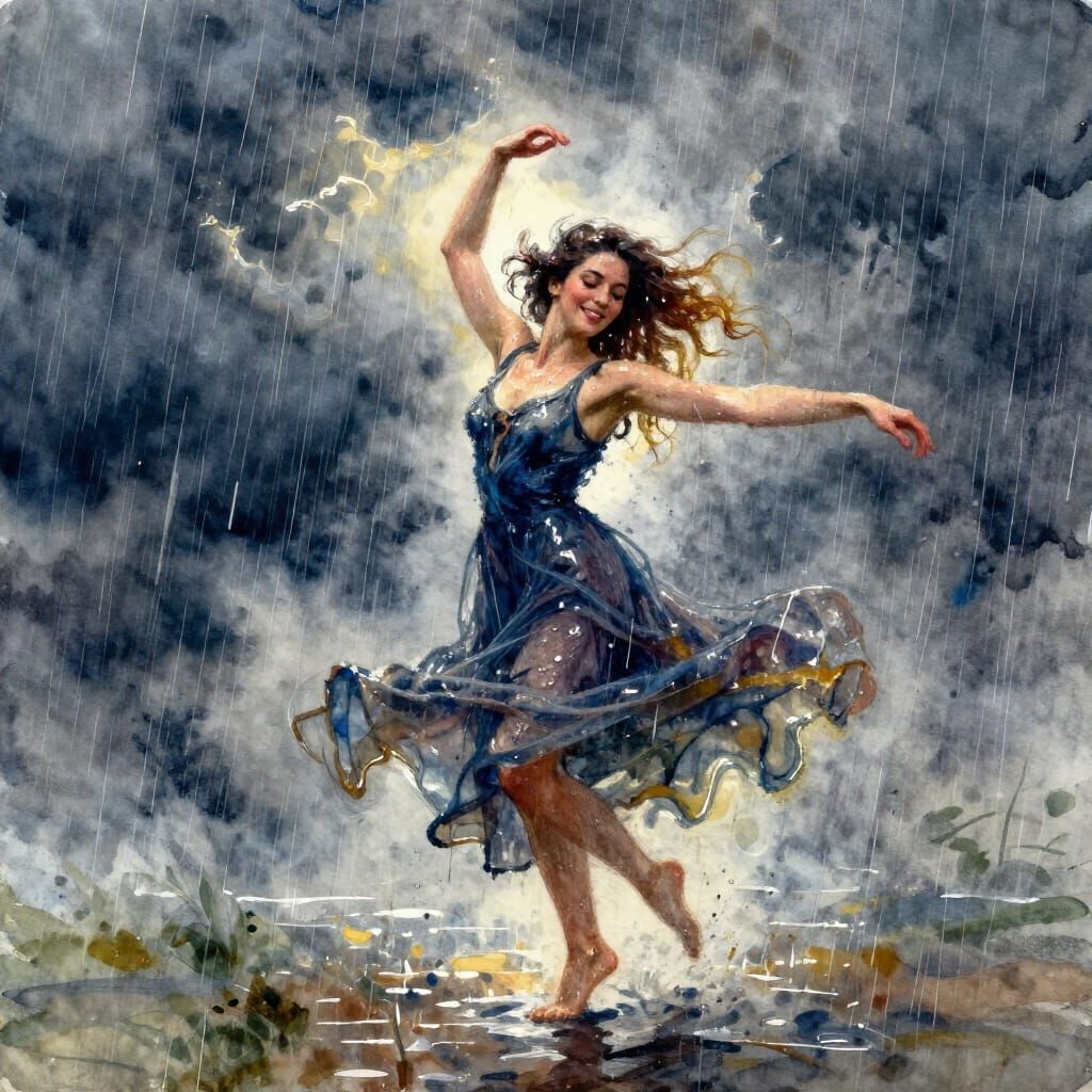 Woman Dancing in Magical Stormy Rain