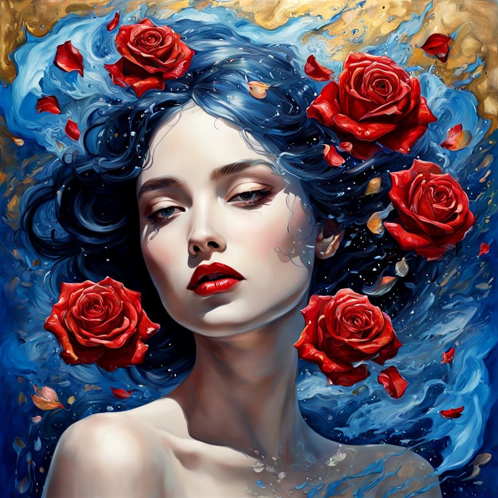 Surreal Lips Melting Into Rose River Under Blue Sun