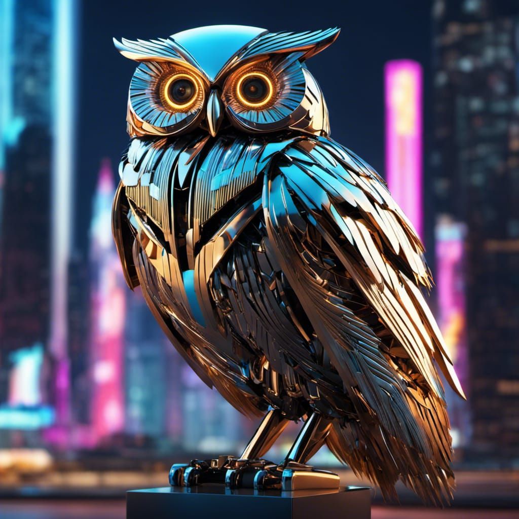 Cybernetic Owl on Neon Billboard in Dystopian City