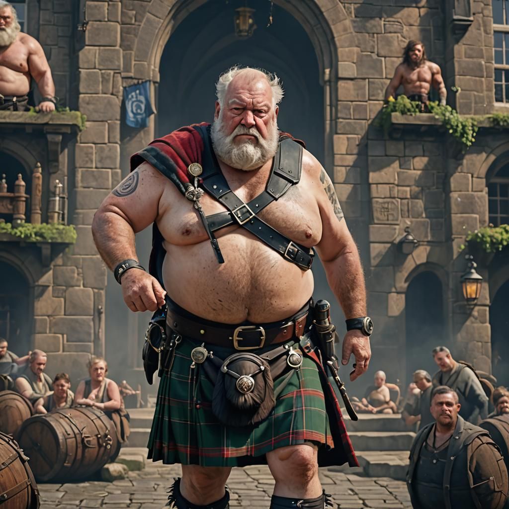 Mature Scottish Man in Kilt: Hyperrealistic Art