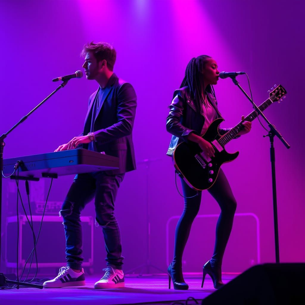 Ethereal Musicians in Neon-Purple Haze
