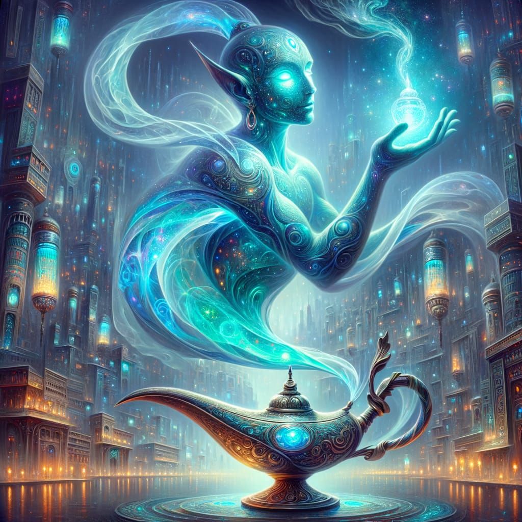Mystical Genie Rises with Resplendent Cityscape in Arabesque...