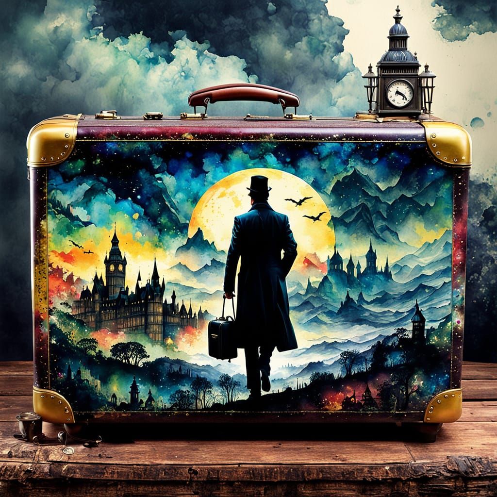 Sherlock Holmes's Fantasy Suitcase: Watercolor Ink Art