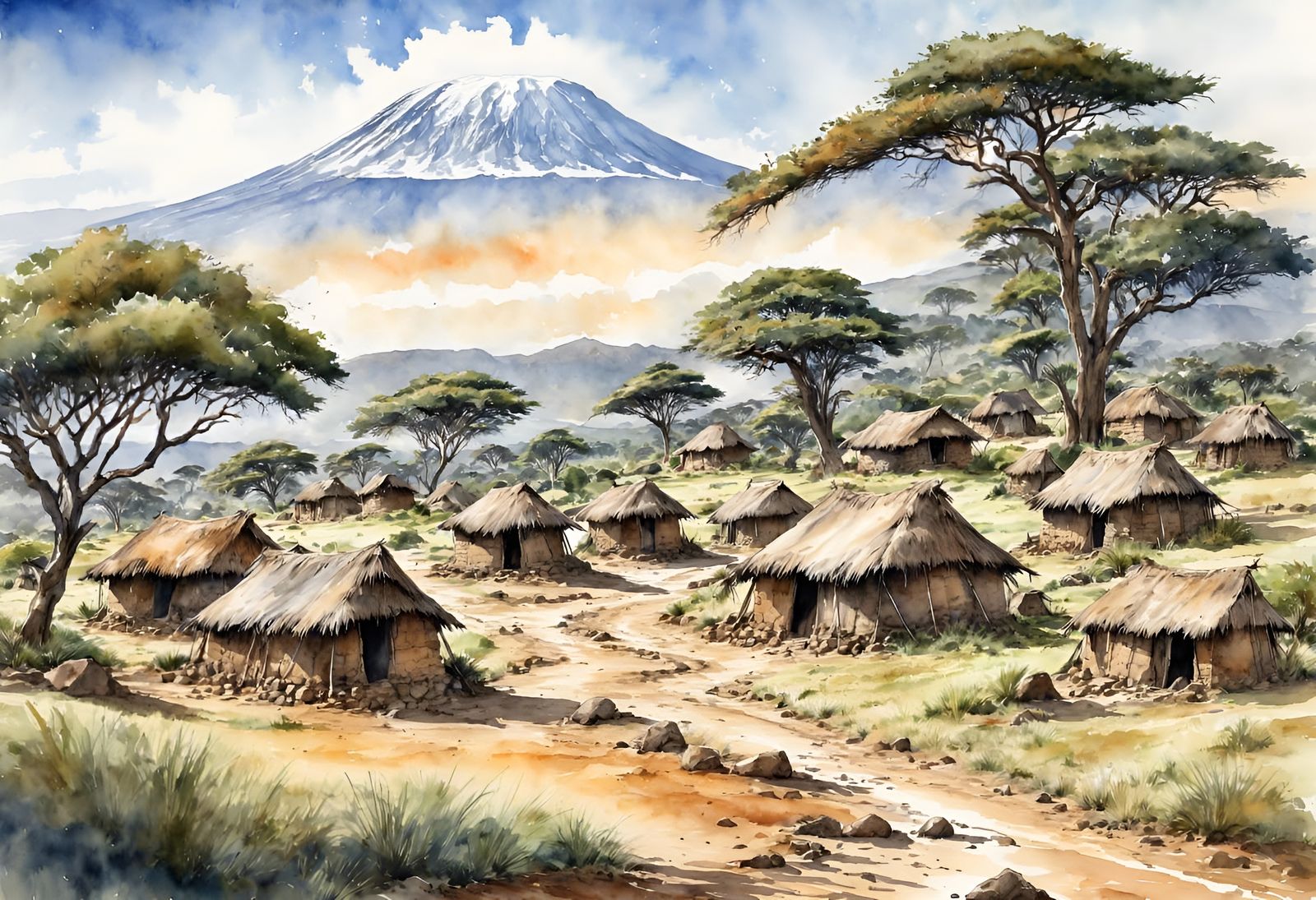 Kenyan Village Watercolor Sketch with Kilimanjaro