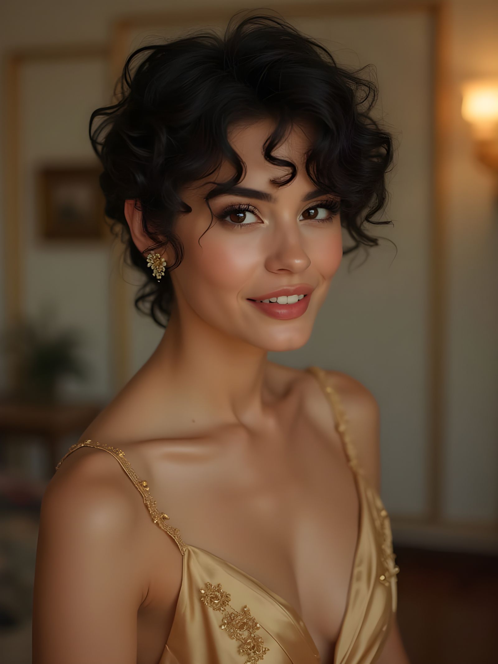 Gorgeous Woman in Silk Gown with Flirtatious Smile