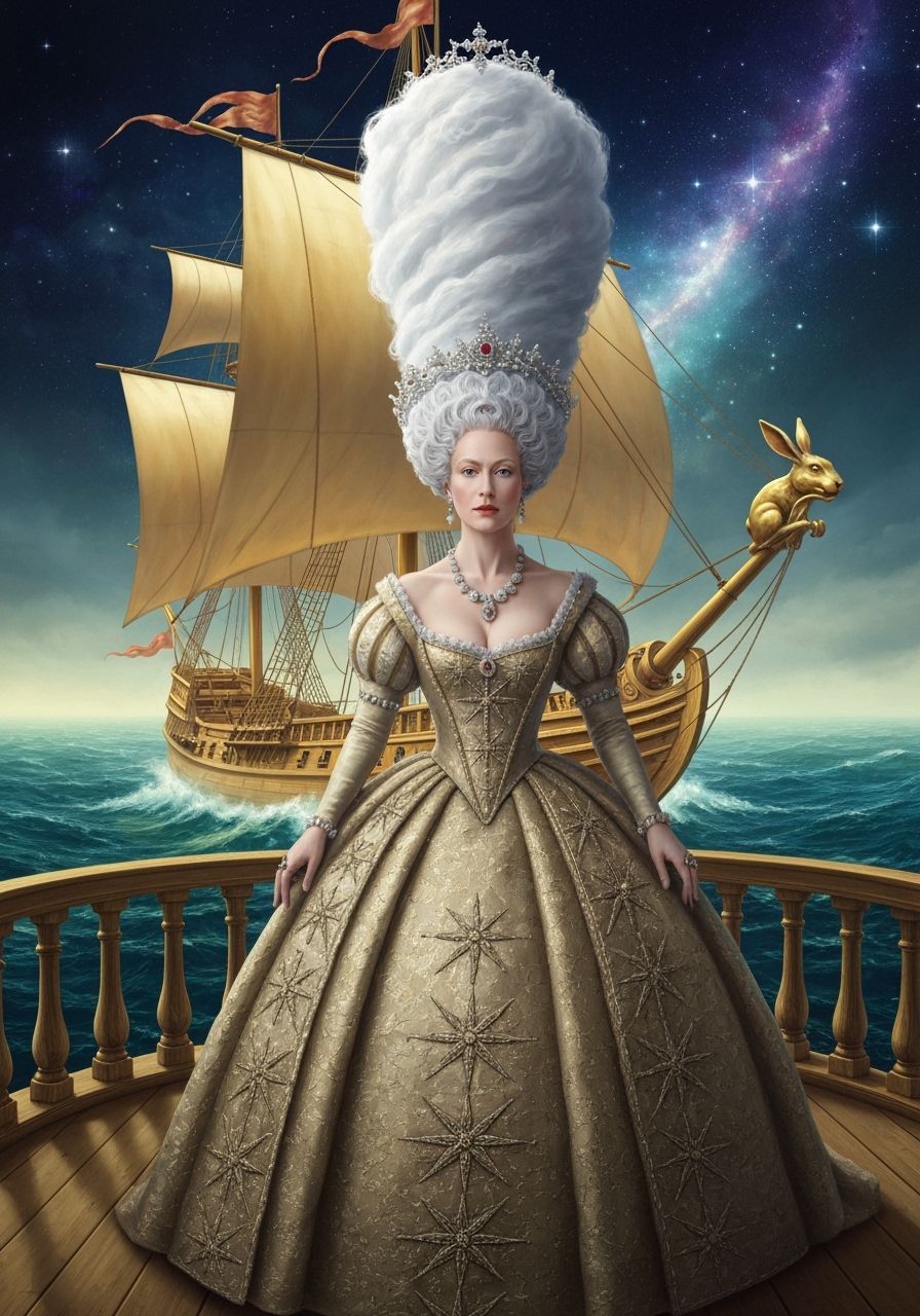 Queen Elizabeth I Sails the Cosmos: Romantic Oil Painting