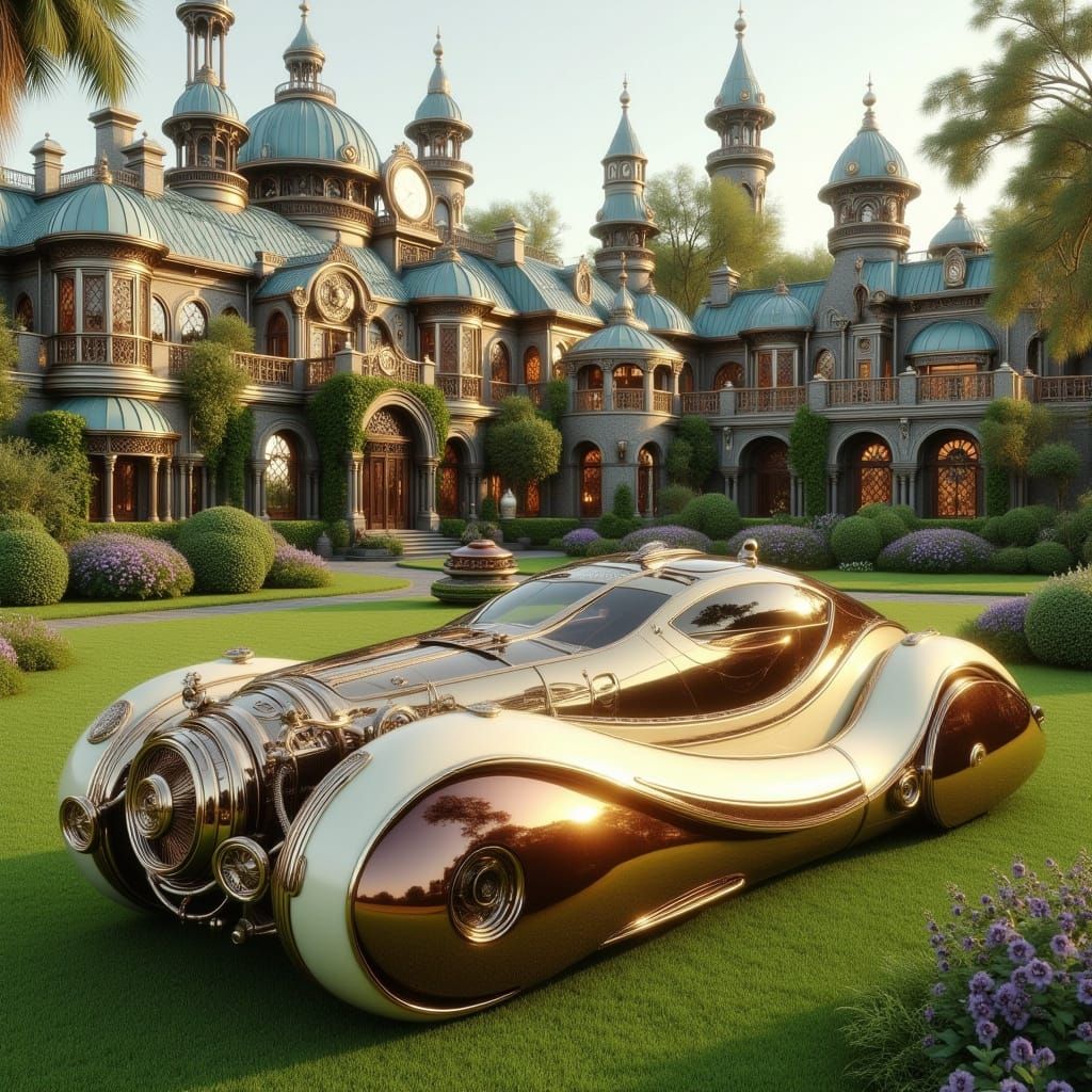 Retro-Futuristic Roadster Parked Before Modern Castle