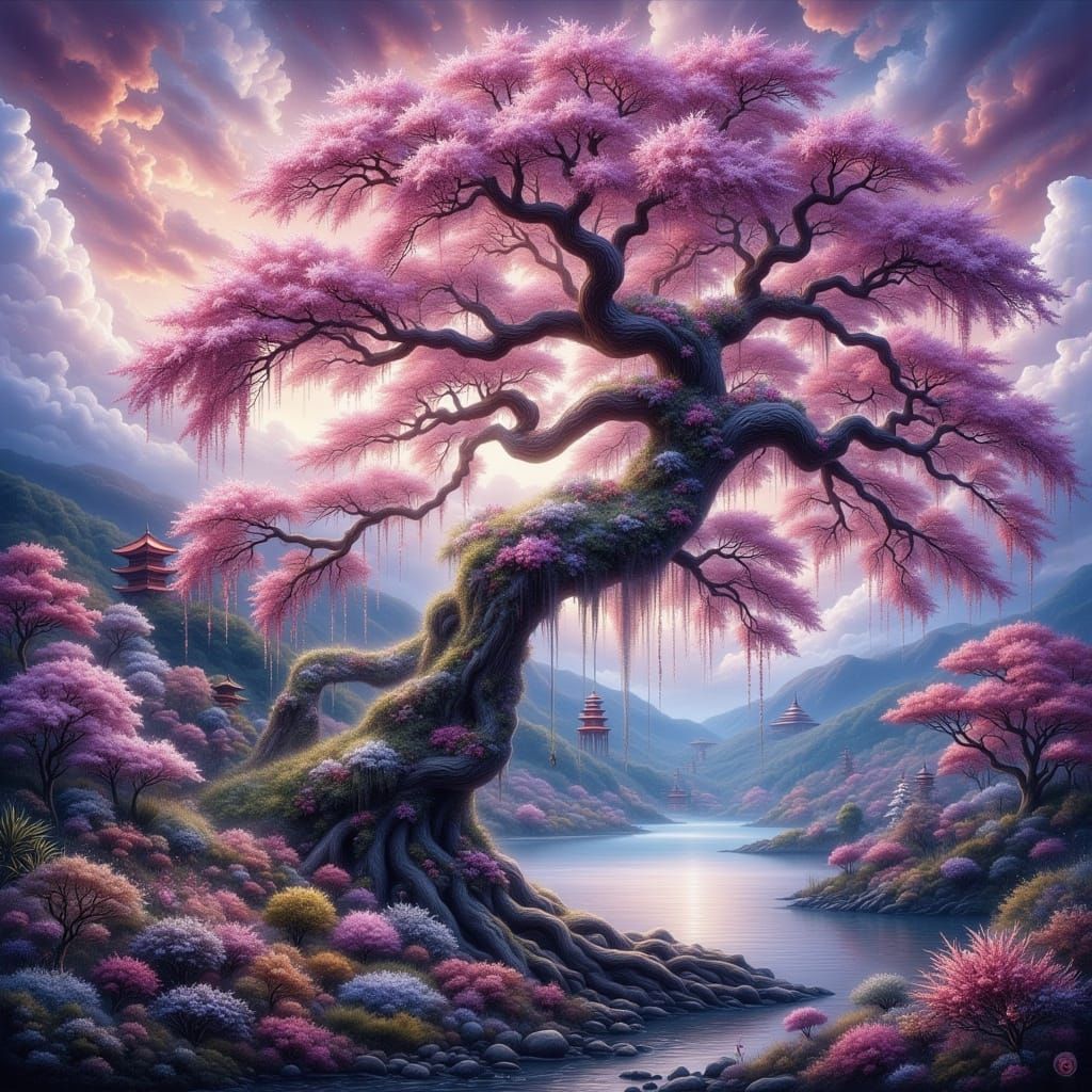 Sakura Tree in Japanese Landscape with Temples and Mountains