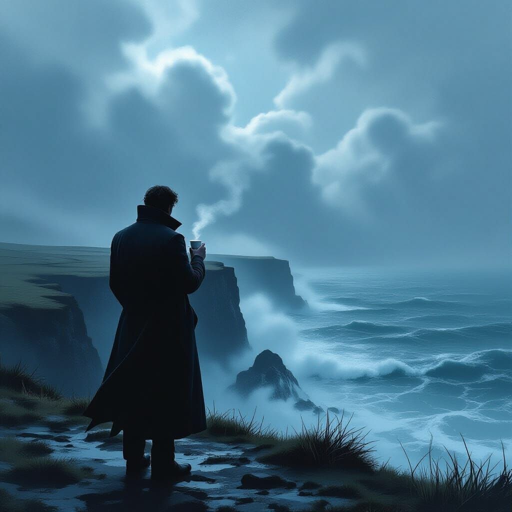 Solitary Figure on Windswept Cliff with Coffee