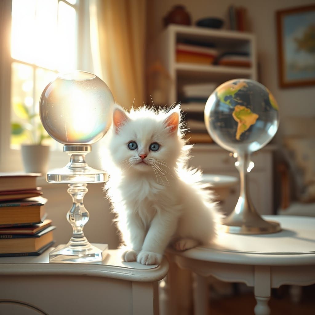 Kitten Mesmerized by Prism Light, Impressionistic Style