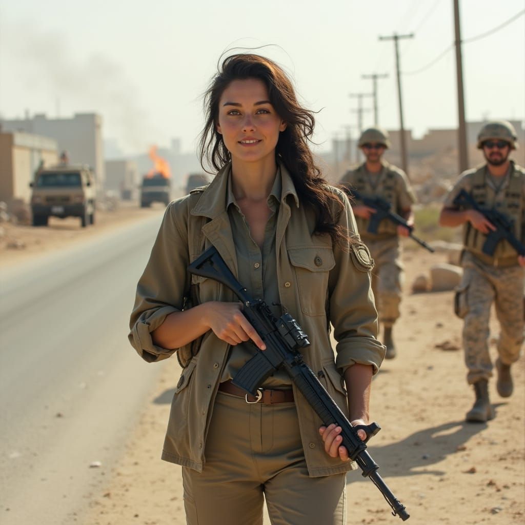 Realistic Photo of Woman with Camera on Desert Street