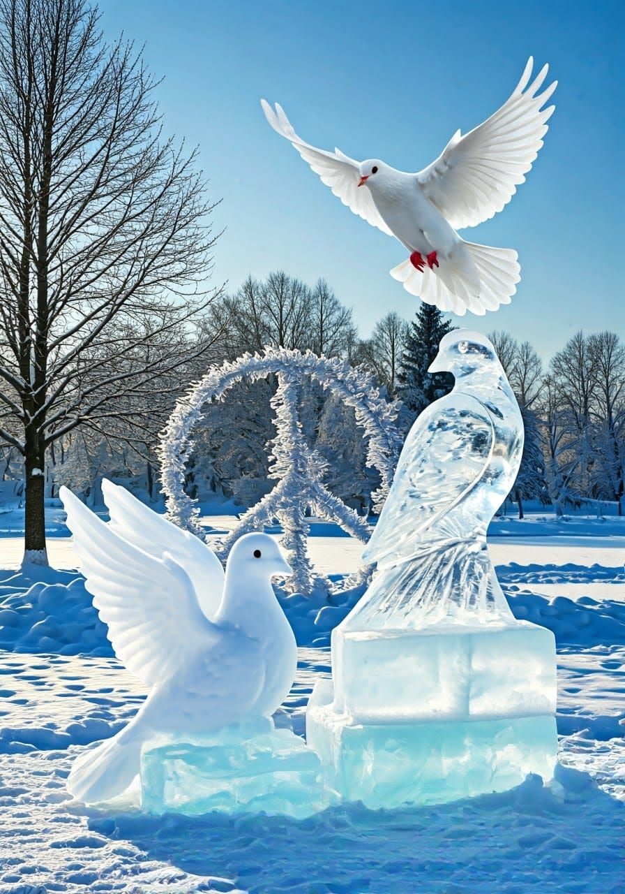 Peaceful Winter Wonderland with Intricate Ice Sculptures