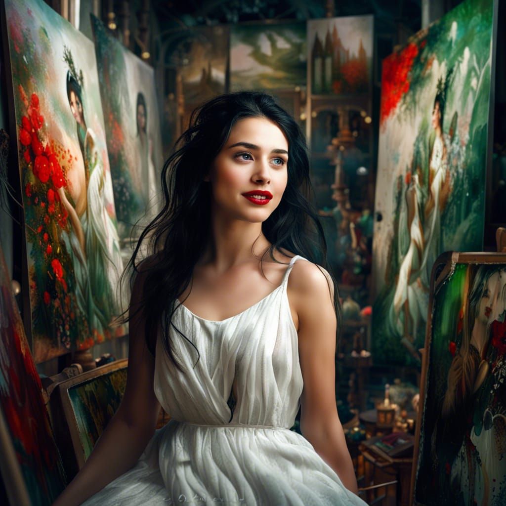 Happy Girl Surrounded by Paintings in Detailed Digital Art