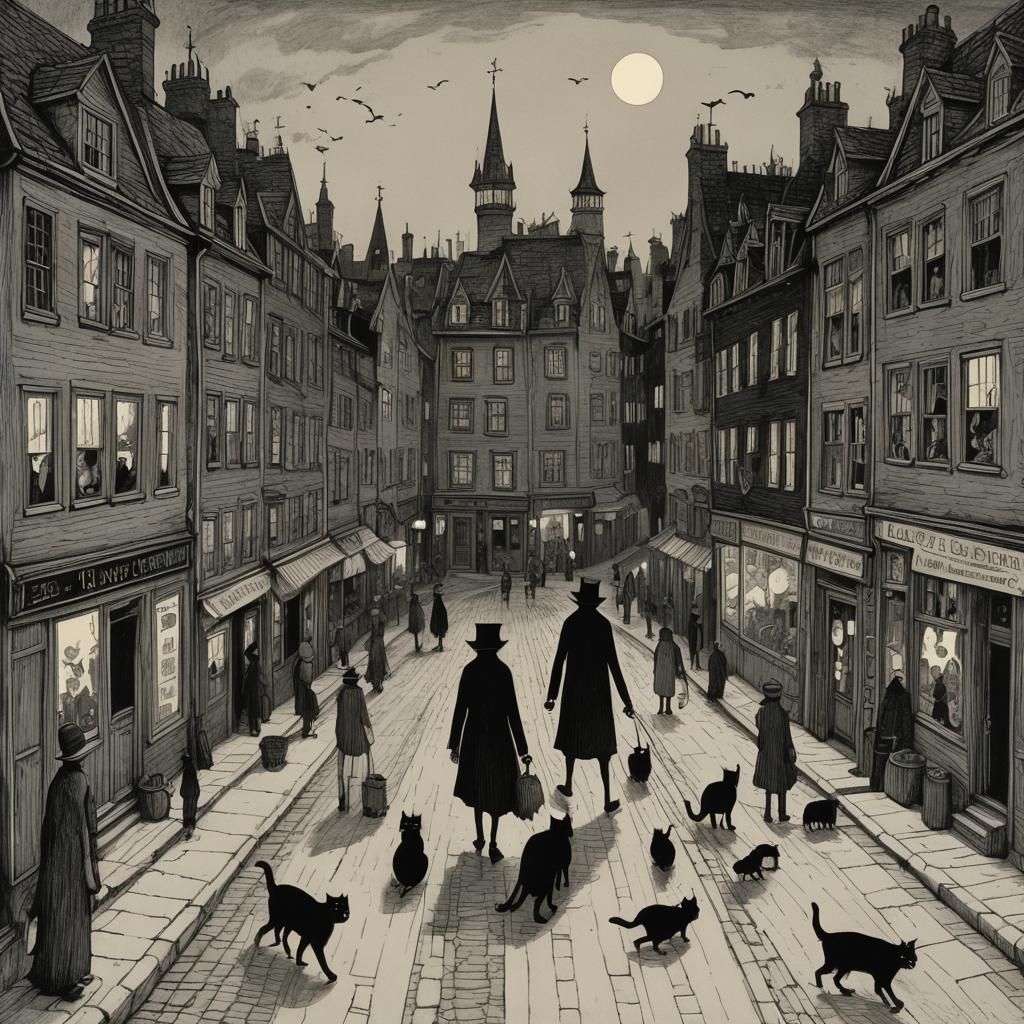 Black Cat in Town: Gothic Fantasy Illustration