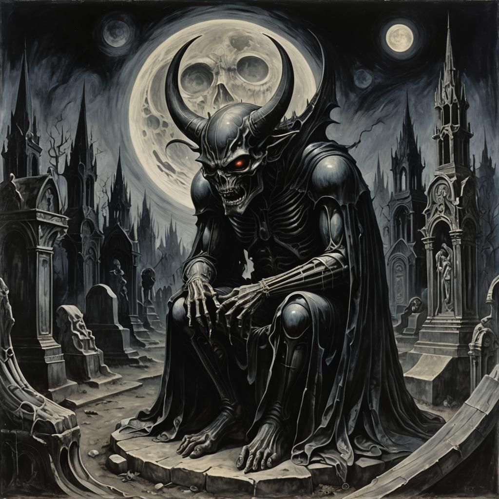 Demon's Lament: Graveyard Scene in Surreal Style