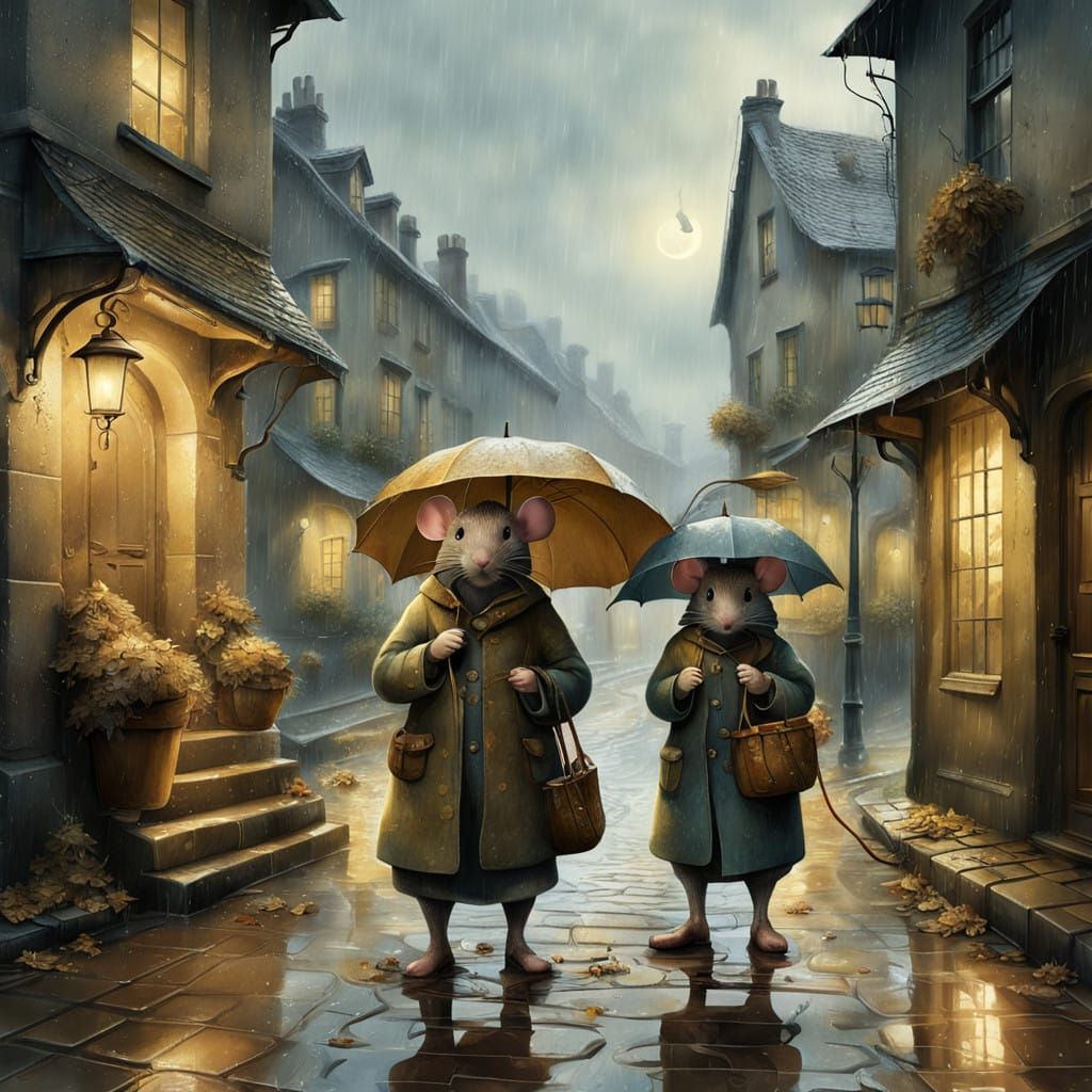Mice in Whimsical Rainy Street Scene, in Storybook Illustrat...