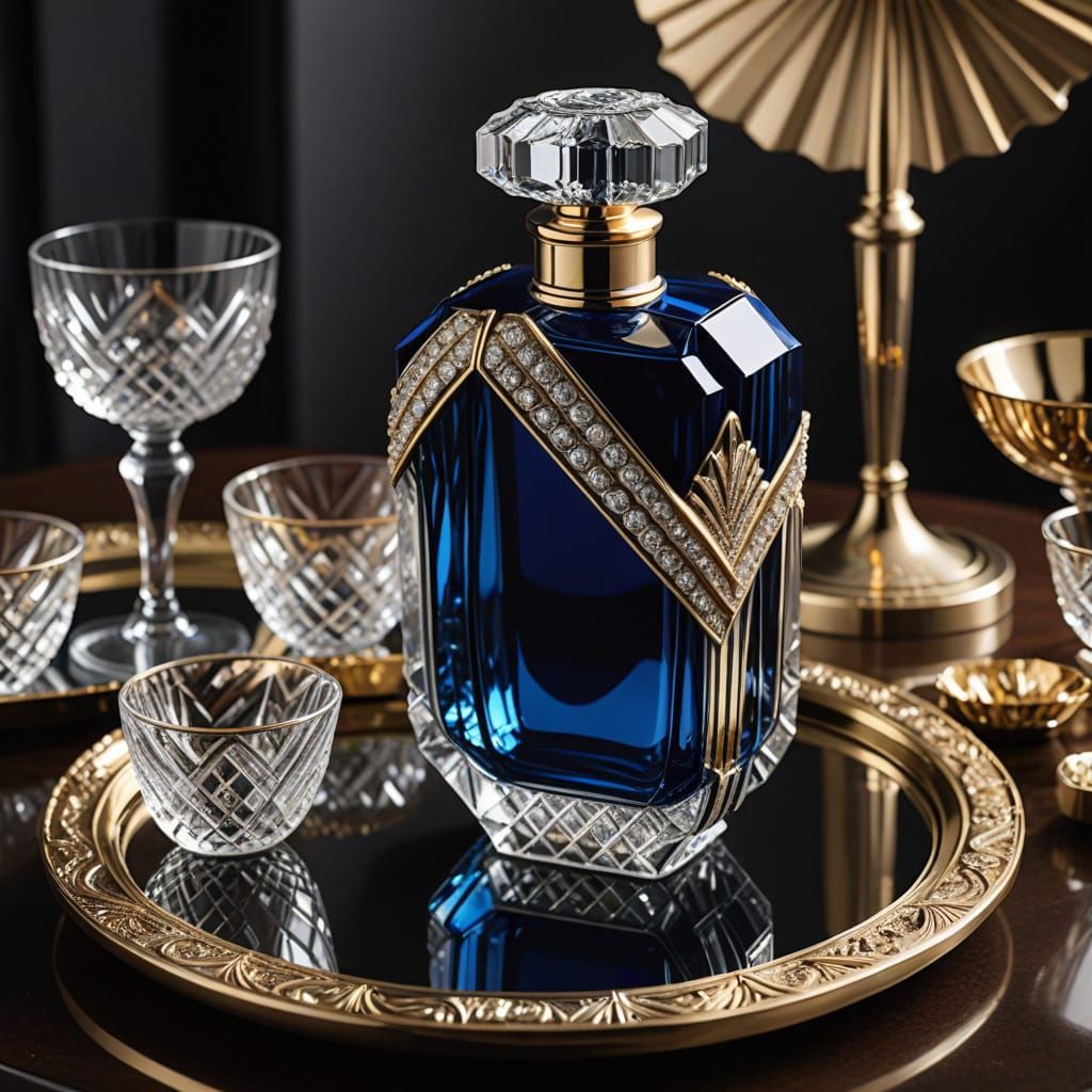 Luxurious Art Deco Sapphire Blue Perfume Bottle in Chrome an...